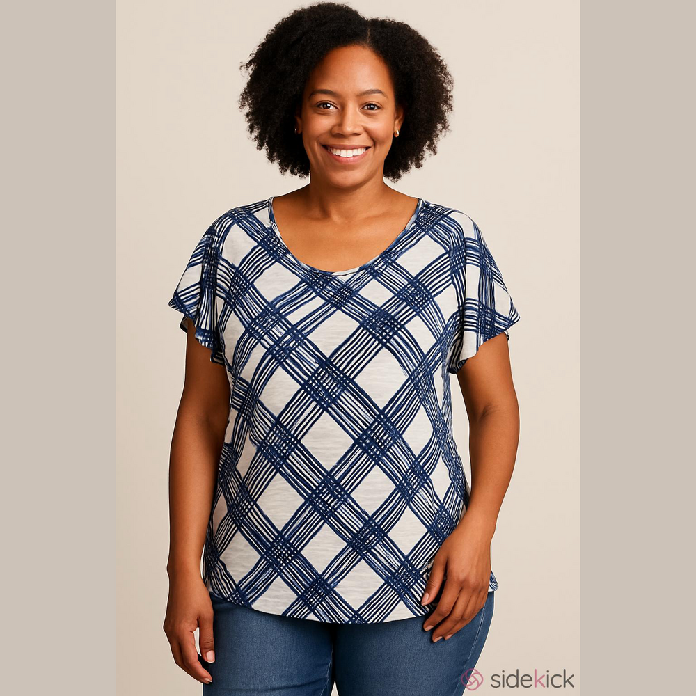 Jones New York Navy White Plaid Stretch Knit Top XL Short Sleeve